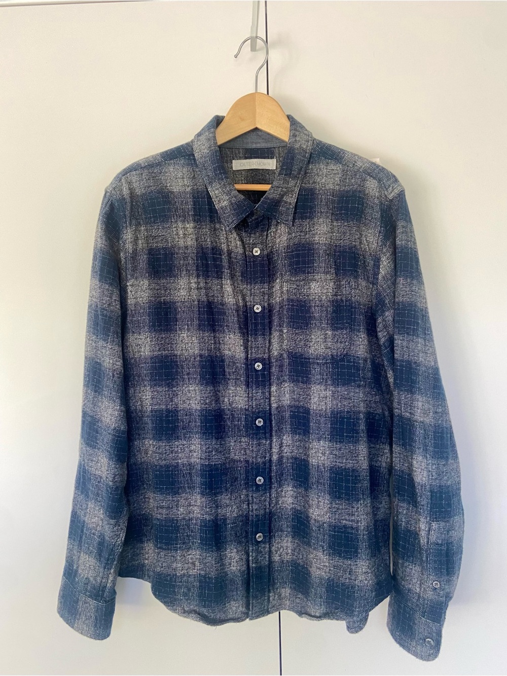 OUTERKNOWN Jaspe Button Up Flannel Shirt Large Marine Rockypoint Plaid EUC